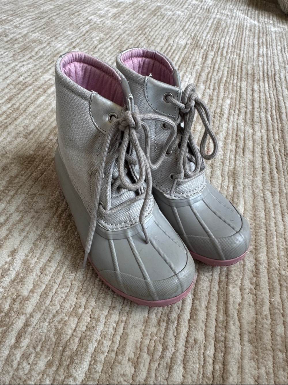 Girls' Sperry Grey Waterproof Lace-Up Duck Boots with Pink Lining